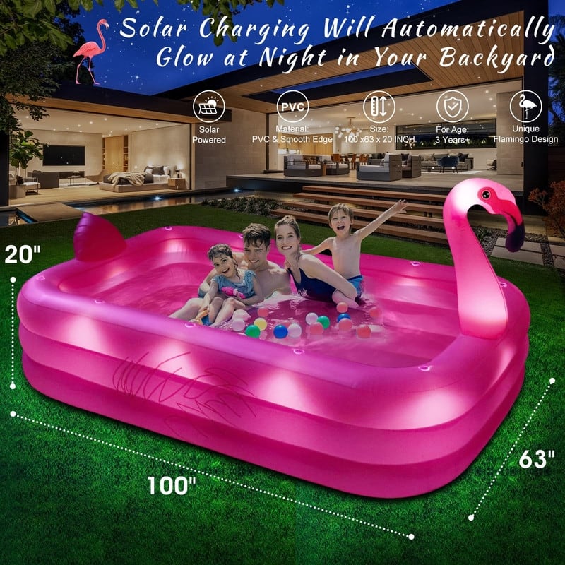 Inflatable Pool with Lights, Solar Flamingo Swimming Pool for Kids