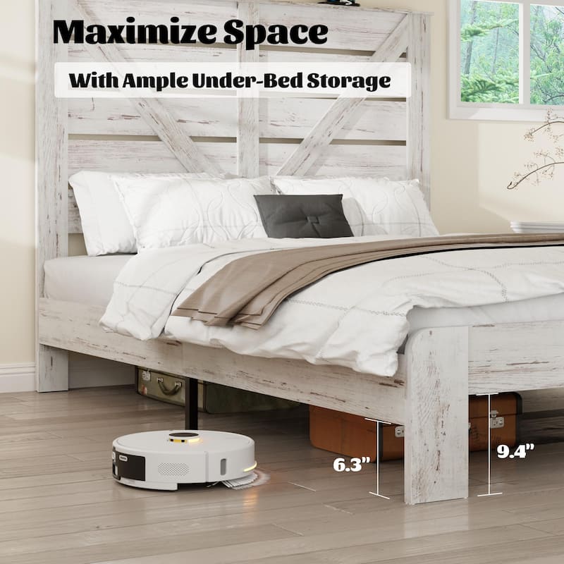 King Bed Frame Headboard, Wood Platform Bed Frame,No Box Spring Needed and Easy Assembly Tool,Large Under Bed Storage