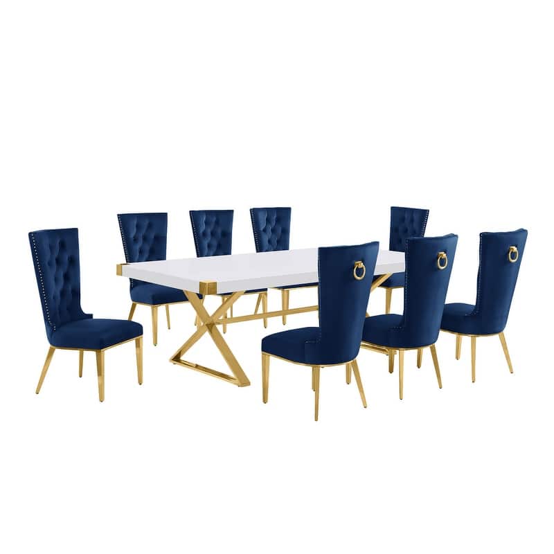 Best Quality Furniture D442/3-SC330-7 Dining Set with 94" White Lacquer Wood Top