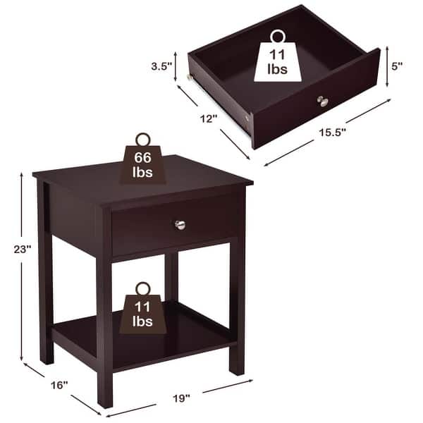 dimension image slide 1 of 3, Costway Nightstand with Drawer Storage Shelf Wooden Bedside Sofa Side