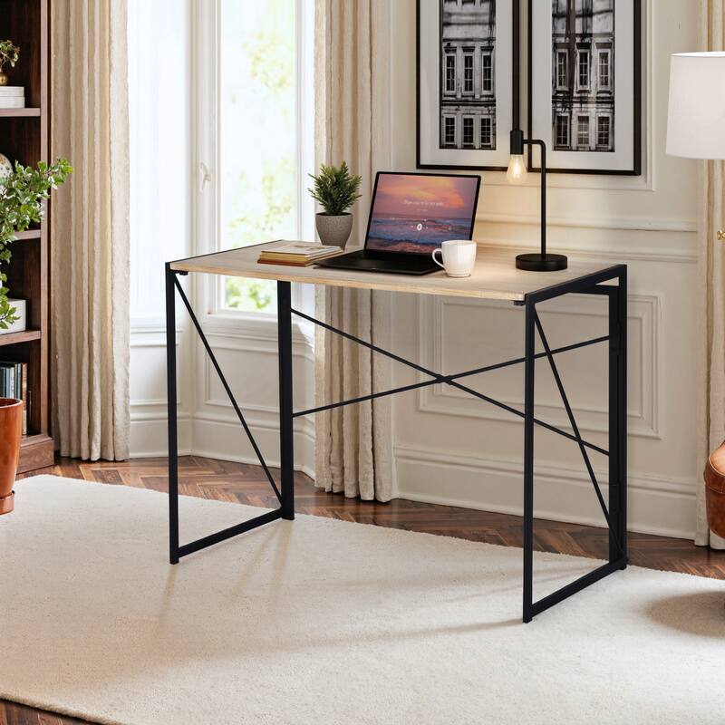 Homy Casa Modern Folding Desk with Black Metal Frame and Wood Top