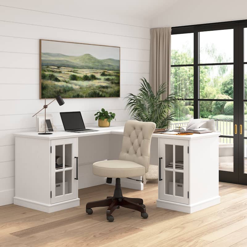 Westbrook 60W L Shaped Desk with Storage by Bush Furniture - White Ash
