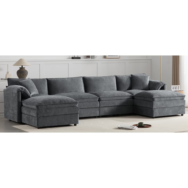 Roomfitters 136" Chenille Sectional Sofa, U Shaped Cloud Couch with Deep Wide Seat, 6 Seat Sofa with Ottoman