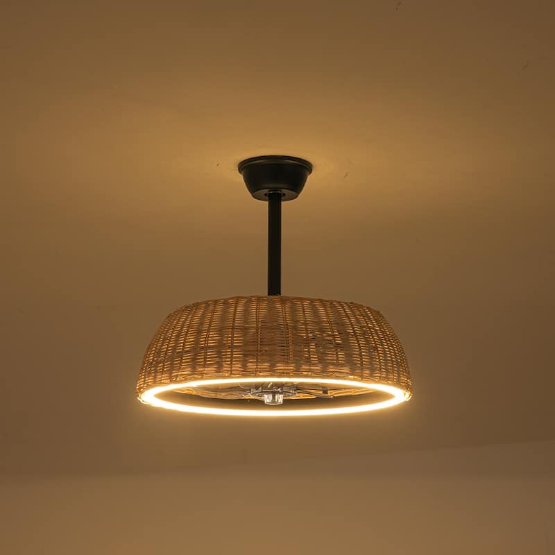 21.3" W Indoor Boho Woven Rattan Matte Black with ABS Blades Remote Control & 3-Color Dimmable LED Ceiling Fan Light
