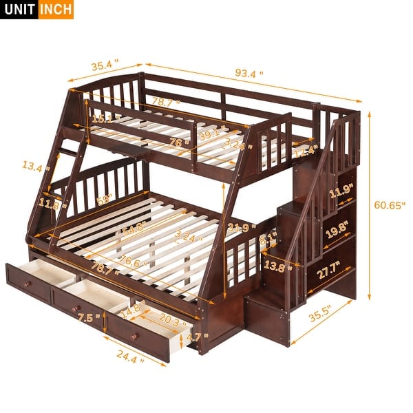 Twin Over Full Bunk Bed with 3 Drawers and Storage Staircase, Convertible to 2 beds,Wooden Bed Frame