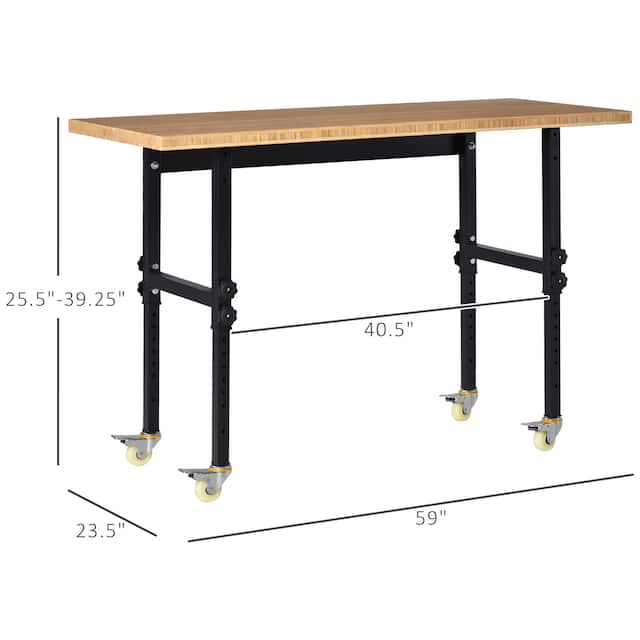 HOMCOM 59" Mobile Project Workbench Station with Height Adjustable Legs and Bamboo Tabletop, Black/Natural