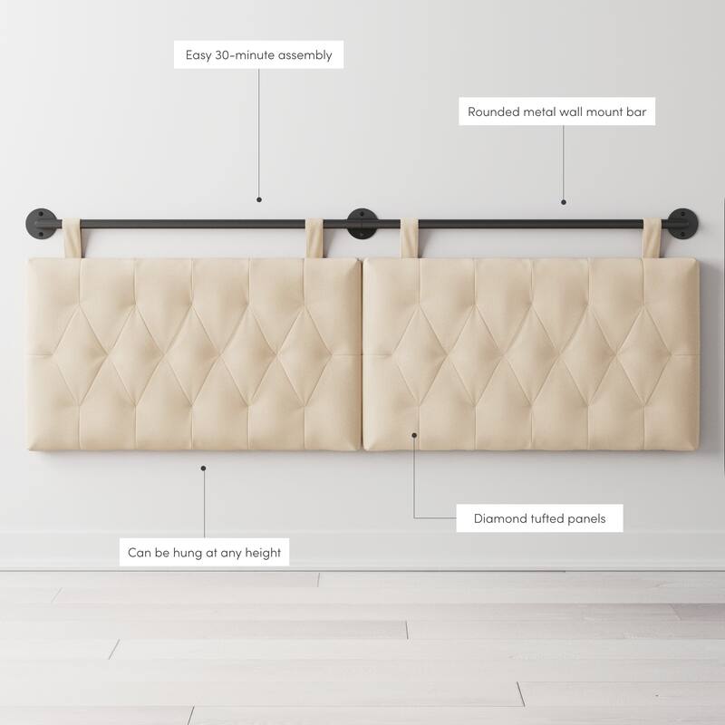 Nathan James Remi Wall Mount Tufted Headboard with Adjustable Straps and Black Metal Rail