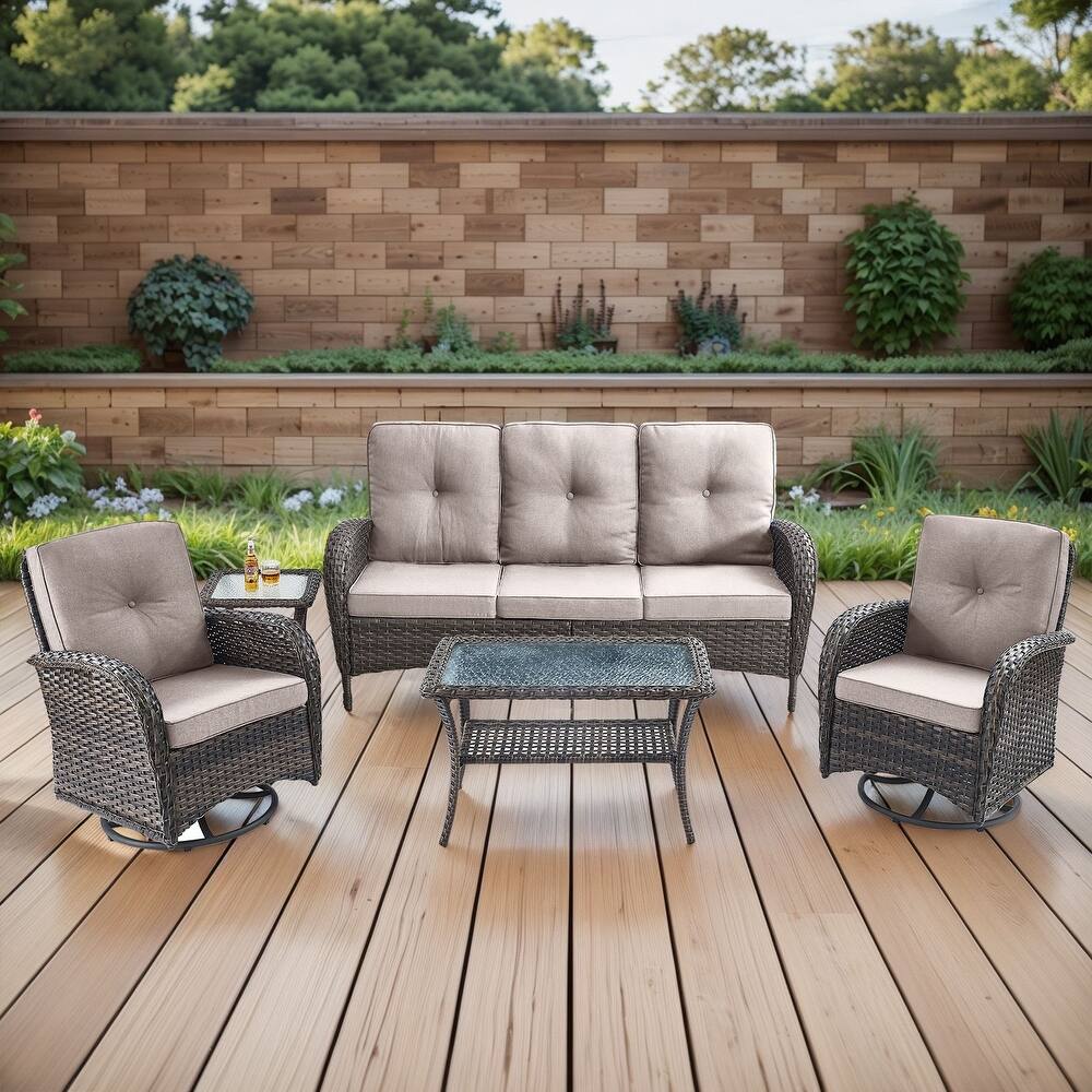Gymojoy 5-Piece Outdoor Wicker Patio Furniture with 3 Seat Sofa & Swivel Chair, Coversation Set with Water Resistant Cushions
