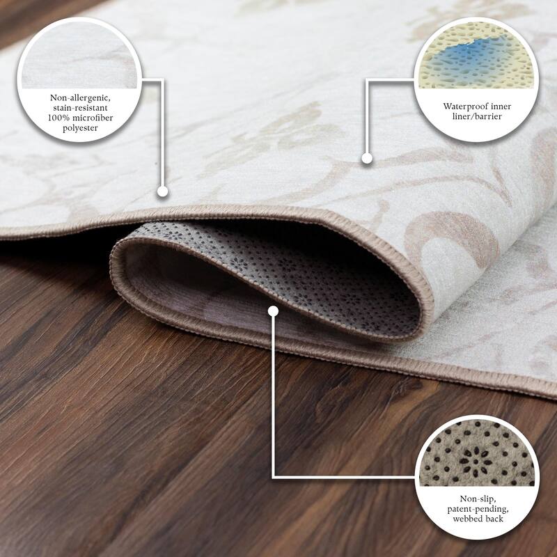 My Magic Carpet Machine Washable Area Rug Leilani Damask Ivory