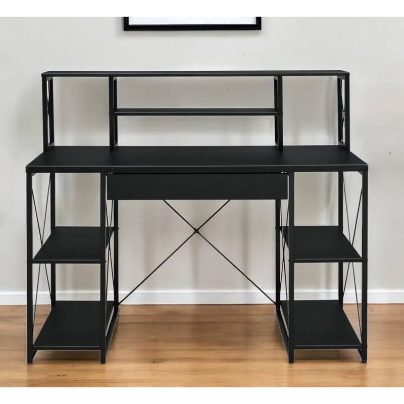 Wood Computer Desk with Black Metal Base, Drawer and 6 Shelves