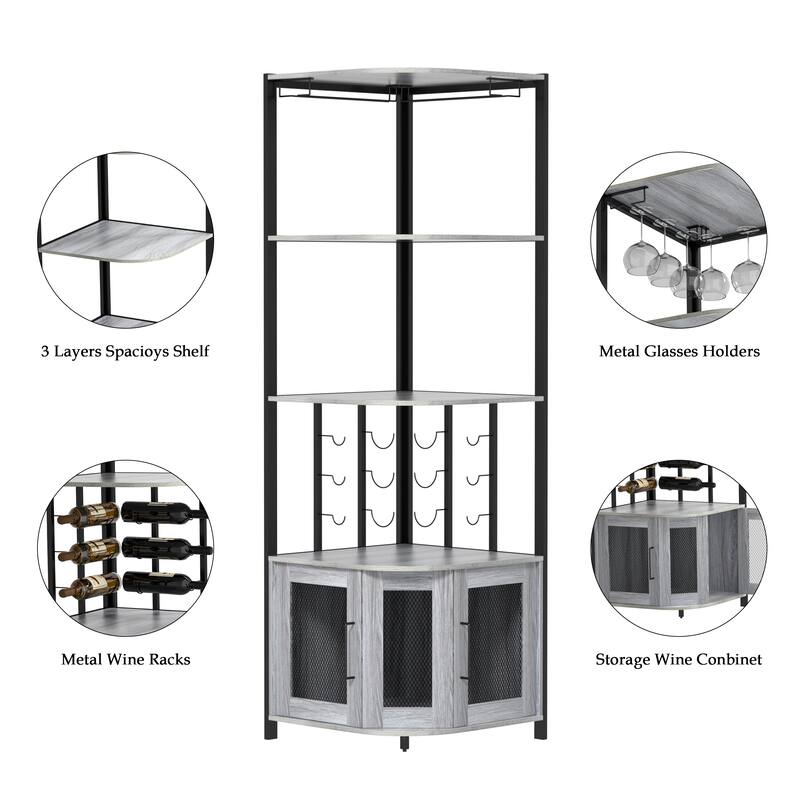 Anmytek 5 Tier Industrial Wooden Corner Wine Rack with Glass Holder & Storage Shelves