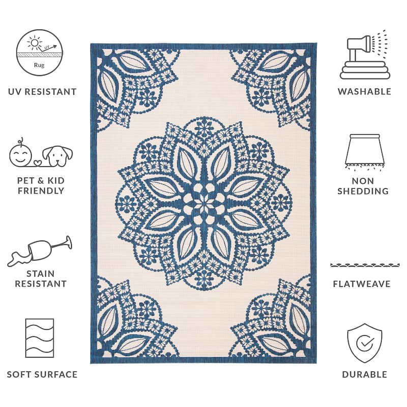 SAFAVIEH Courtyard Bosiljka Waterproof Backyard Patio Rug - 5'3" x 7'7" - Beige/Navy
