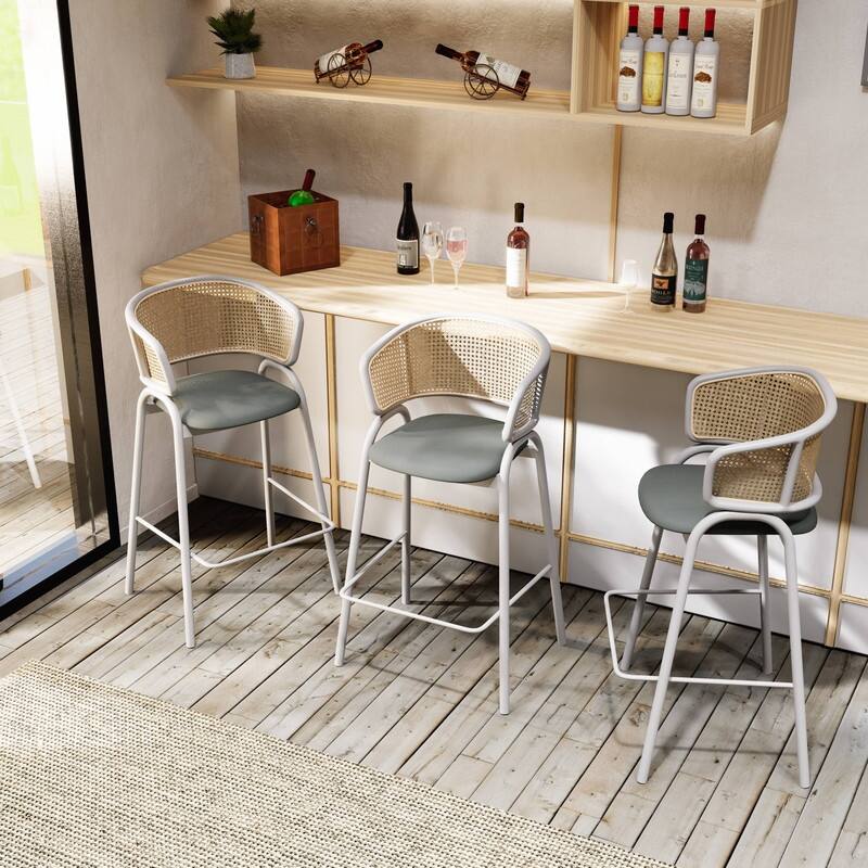 LeisureMod Ervilla Set of 2 Modern Wicker Leather Bar Stool with Curved Back & White Steel Frame for Home Office Dining Room