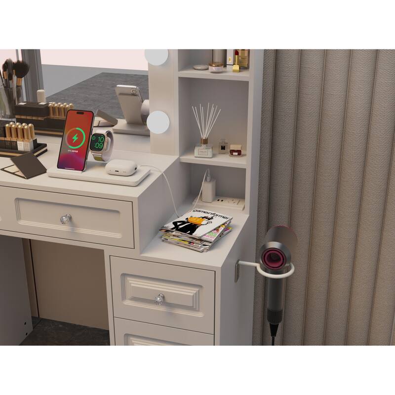 Vanity Desk with with Lighted Mirror, Large Makeup Vanity Desk, Dresser Table with Charging Station, Drawers & Hair Dryer Stand