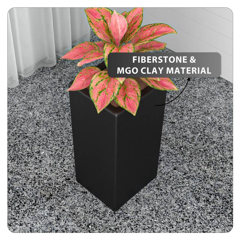 Terra Modern Tall Square in Fiberstone and MGO Clay Planter With Drainage Holes Durable Indoor Outdoor Decorative Plant Pot