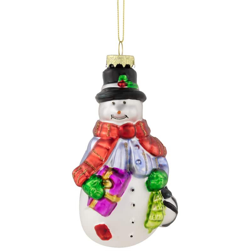 5" Red and Green Snowman with Presents Hanging Glass Christmas Ornament
