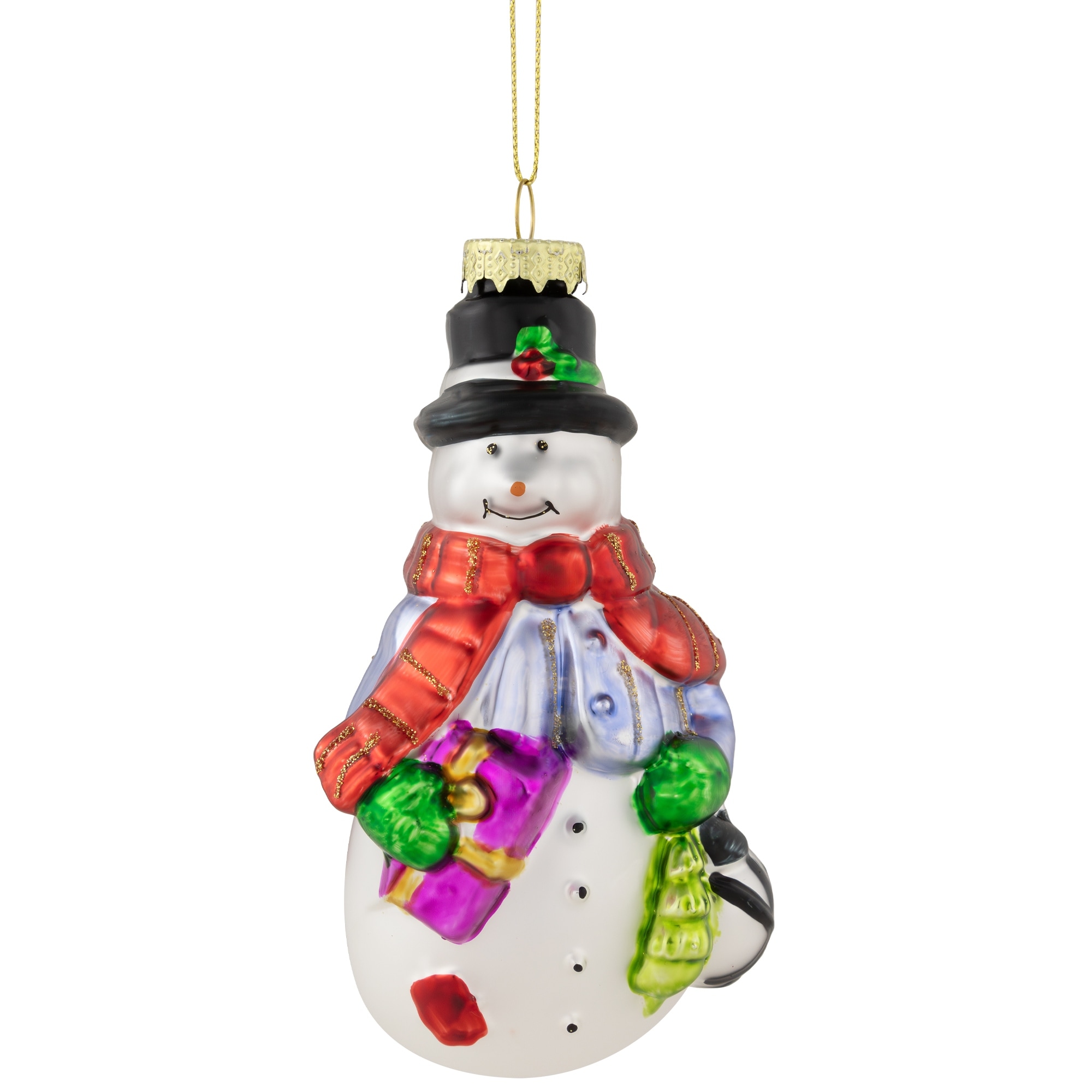 5" Red and Green Snowman with Presents Hanging Glass Christmas Ornament