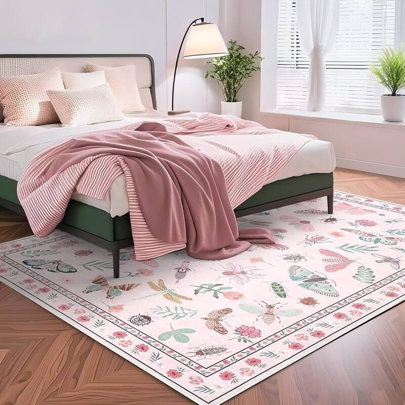 Floral Insect Print Washable Area Rugs for Living Room, Modern Non Slip Low Pile Area Rug