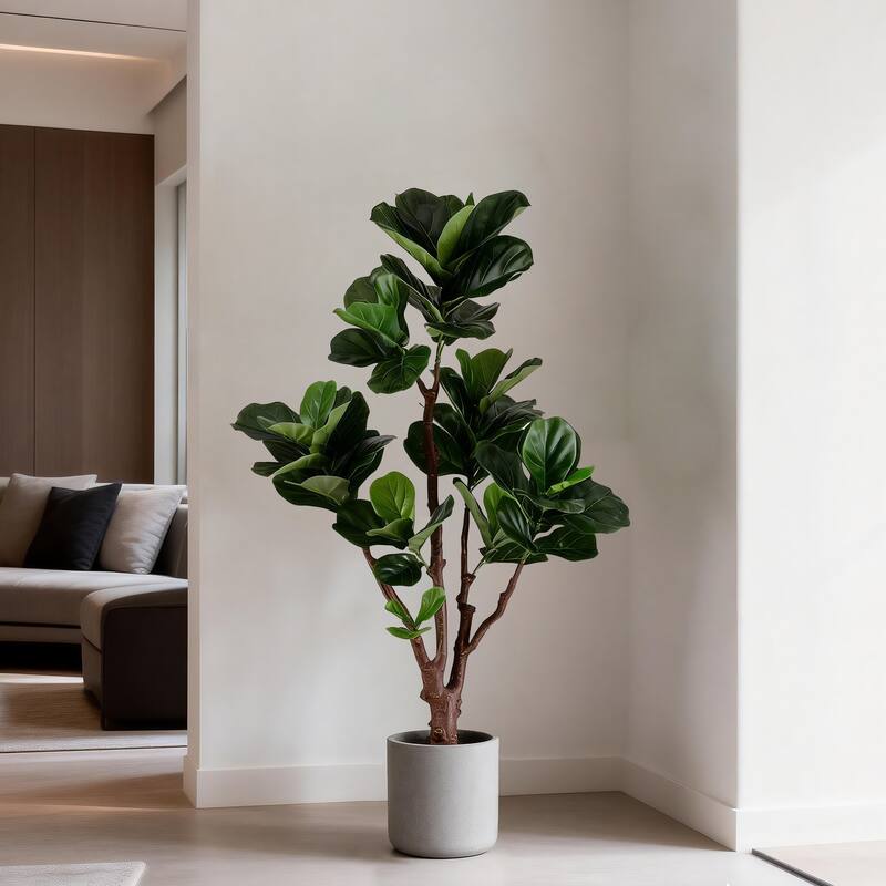 Artificial Fiddle Leaf Fig Tree - 2 Variants (4ft/5.75ft), Faux Green Plant in Black Plastic Pot, Indoor Low-Maintenance Decor