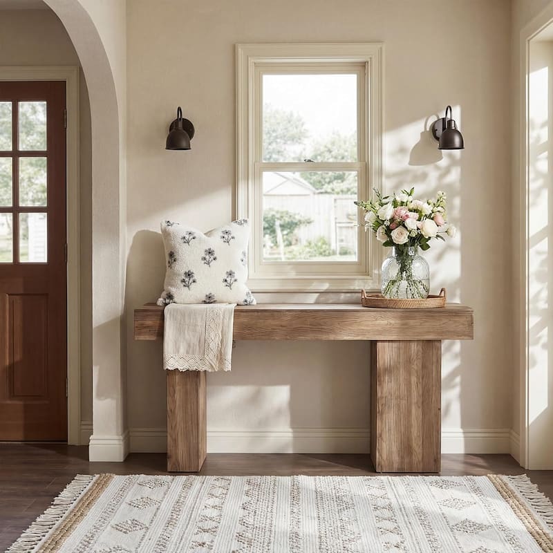 63-Inch Solid Wood Console Table, Sofa Table Behind Couch with Artistic Legs for Entryway, Rustic Brown