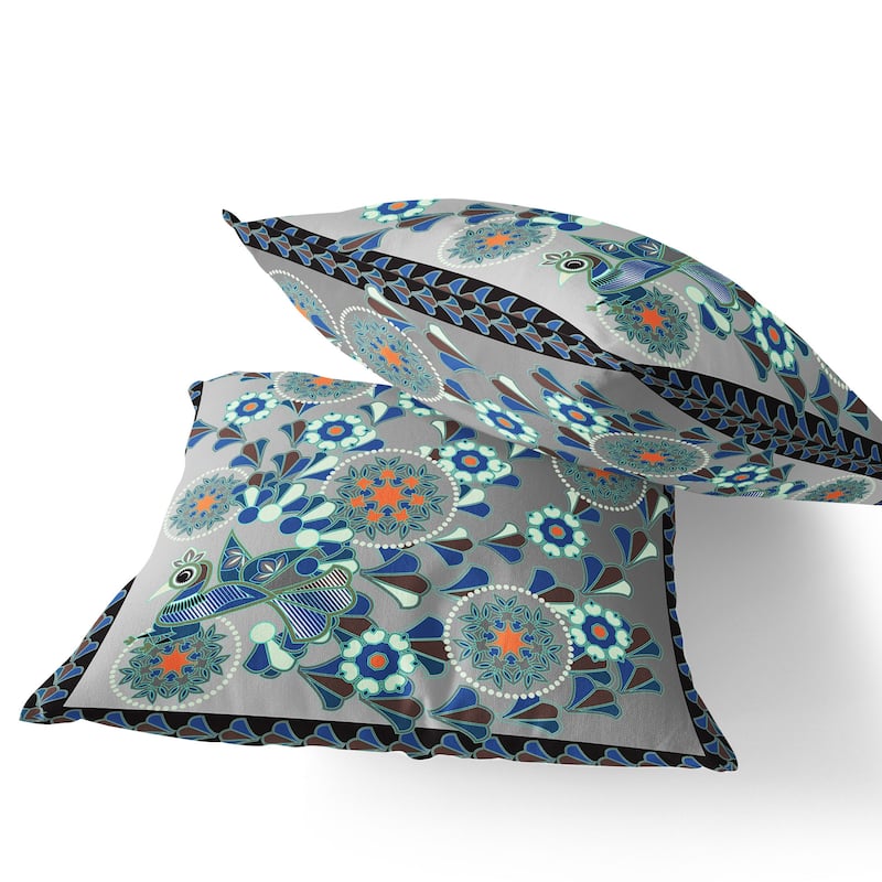 HomeRoots Set of Two 16" X 16" Gray and Orange Peacock Blown Seam Floral Indoor Outdoor Throw Pillow - 16.00' X '16.00' X '5.00