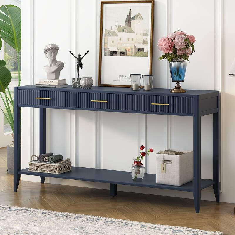 High-Quality Entryway Console Table with Vertical Stripe Drawers, Long Legs - Navy Blue