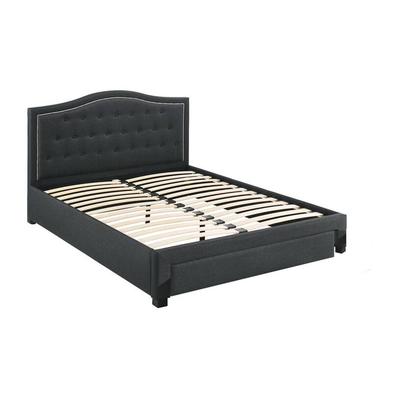 Sey Queen Size Bed w Storage Drawers, Dark Gray Upholstered Headboard
