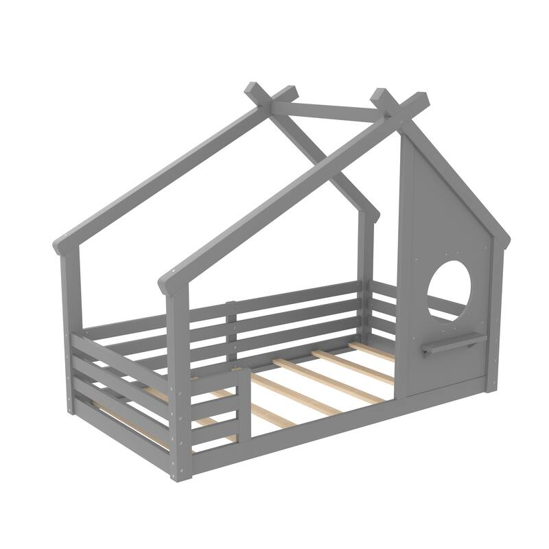 Twin House Floor Bed with Window and a Small Shelf, Solid Wood Floor Bed with House-shaped Roof, No Spring Box Needed