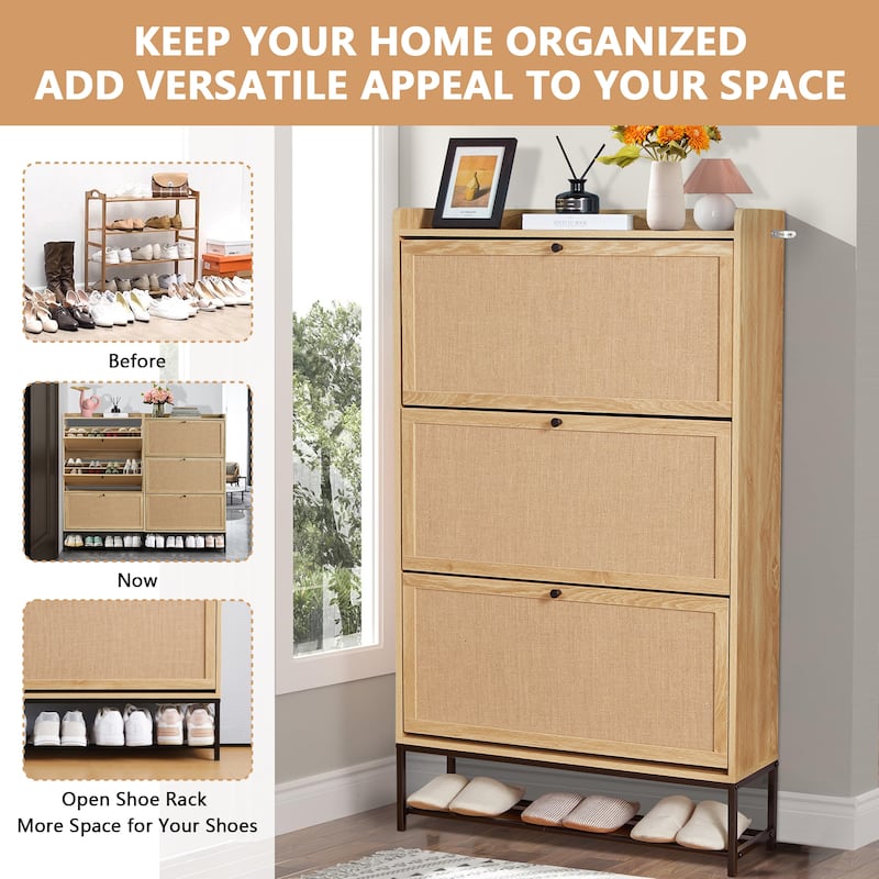 Wooden Shoe Storage Cabinet with triple-tier flip-up drawer