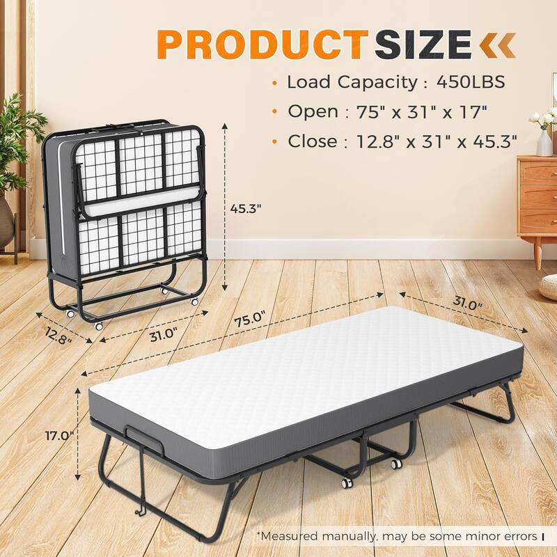 Twin Folding Bed with 5 Inch Memory Foam Mattress, Space Saving Portable Rollaway Guest bed for Adults with Dustproof Bag