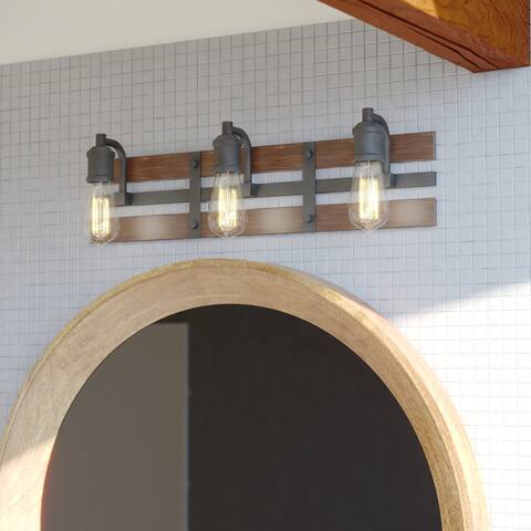 Carrington Black and Solid Wood Walnut Finish Slat Farmhouse Bathroom Vanity Light Fixture
