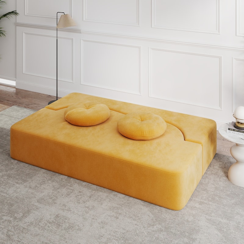 Modern Floor Sofa with 2 Pillows, Convertible Plush Corduroy Foam-Filled Sleeper Sofa Bed, 14.2" Full Size Folding Mattress