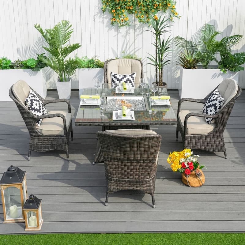 Abrihome Outdoor 5-Piece Dark Brown Wicker Dining Set with Square Rattan Gas Fire Pit Table - Brown