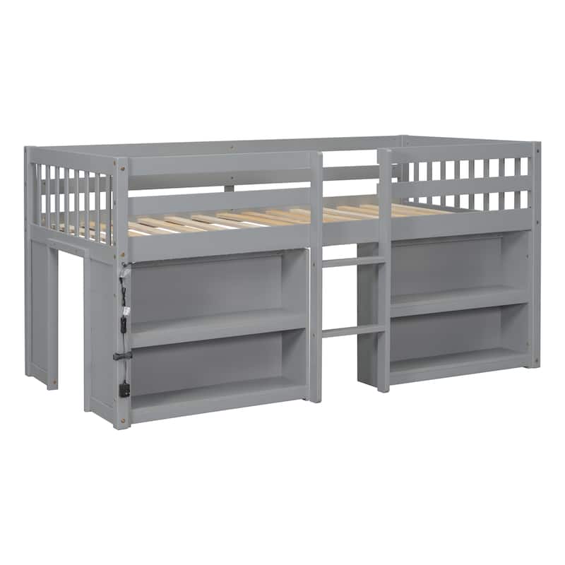 Grey Twin Size Wood Low Loft Bed with Two-Tier Shelves and LED