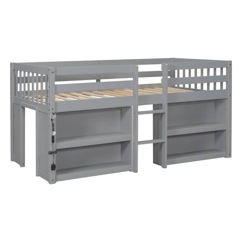 Twin Size Low Loft Bed with Shelves, LED Light, and Play Area, Grey