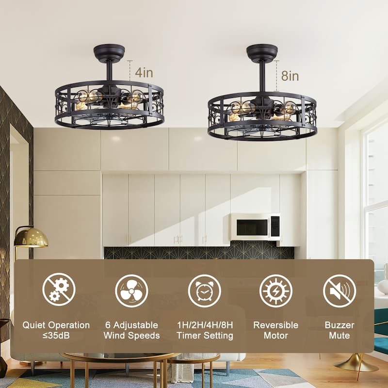 20" Matte Black Metal Caged Ceiling Fan with Light and Remote(7-Blade)
