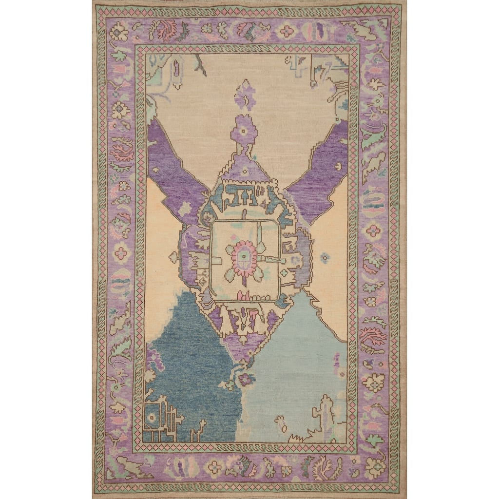 Hand Knotted Oriental 100% Wool Carpet Transitional Medallion Purples Oushak Area Rug - 6' 7'' X 4' 3''