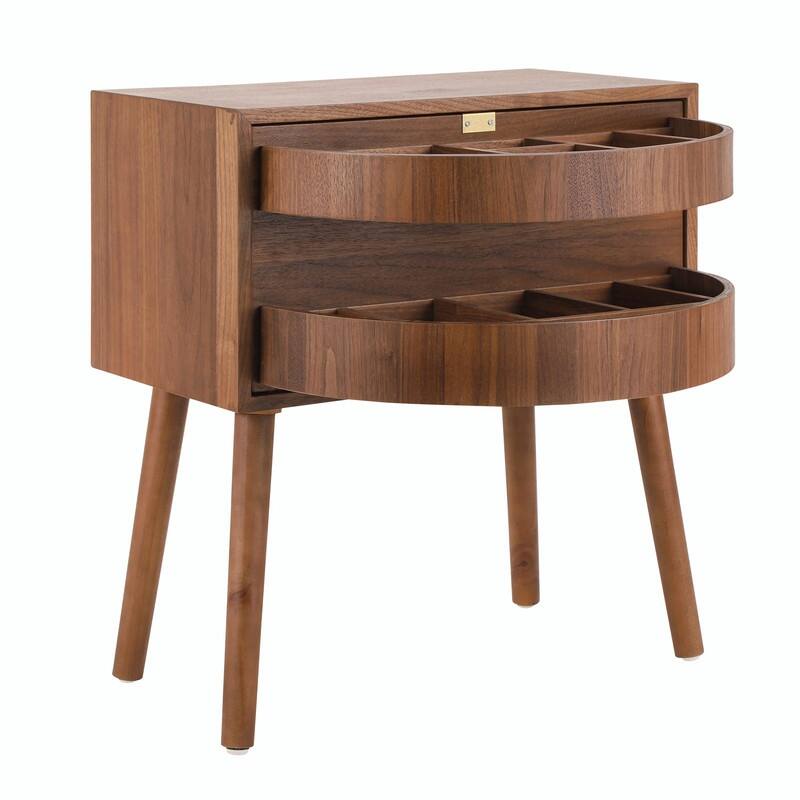 Mid-Century Modern Rattan Nightstand with Rotating Hidden Compartment and Wood Legs