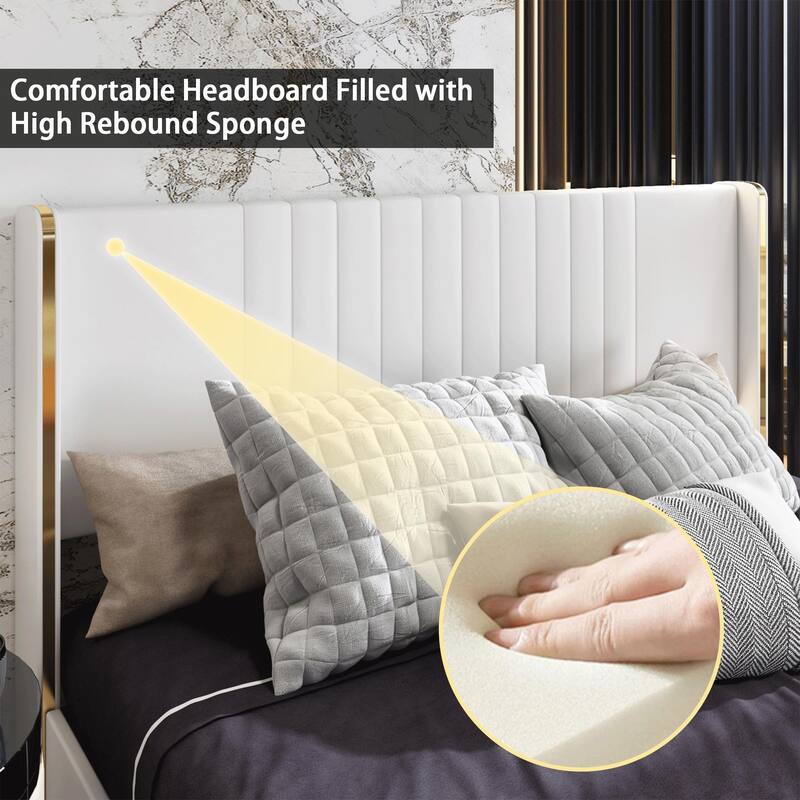 Modern Illuminated Bed Frame with Gold Trim - Chic Upholstered Design