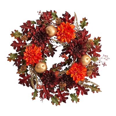 24" Fall Dahlia, Oak Leaf and Berries Wreath - 24
