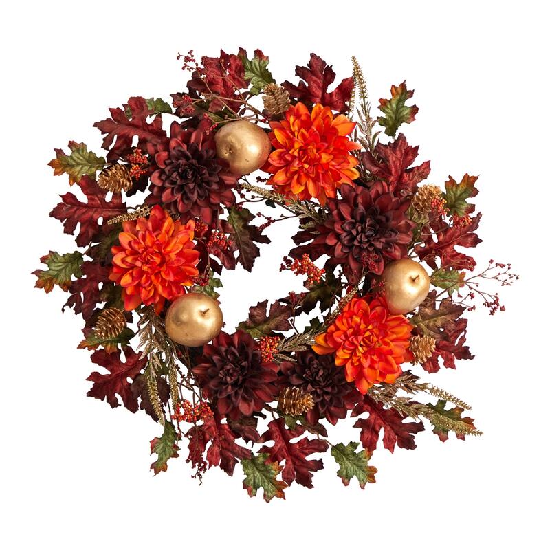 Dahlia with Oak Leaf and Berries Artificial Fall Harvest Wreath, 24-Inch, Unlit
