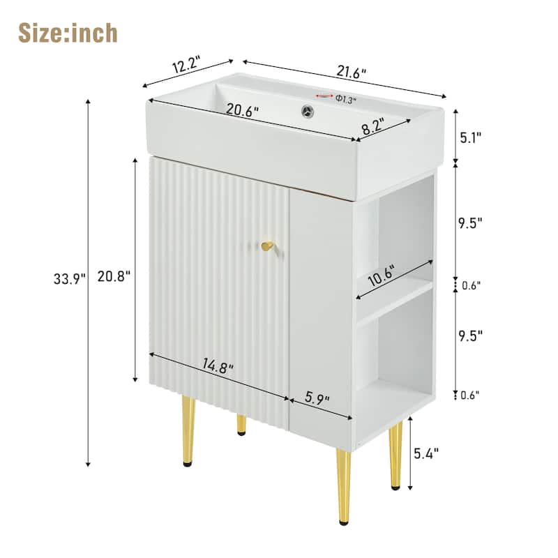 21.6" White Bathroom vanity Cabinet with Single Vessel Sink,Right Side Storage