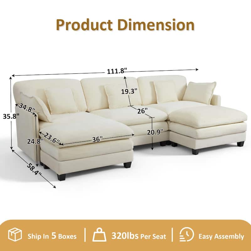 MCombo 111.8'' Modular Sectional Sofa Couch with Reversible Ottoman for Living Room, L Shaped Sofa, FSC Certified