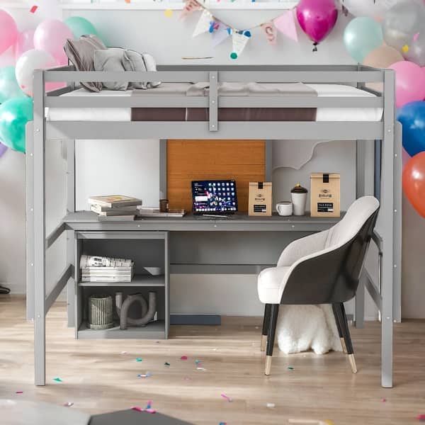 slide 2 of 14, Full size Loft Bed With Desk and Writing Board,2 Drawers Cabinet,Solid Construction Grey