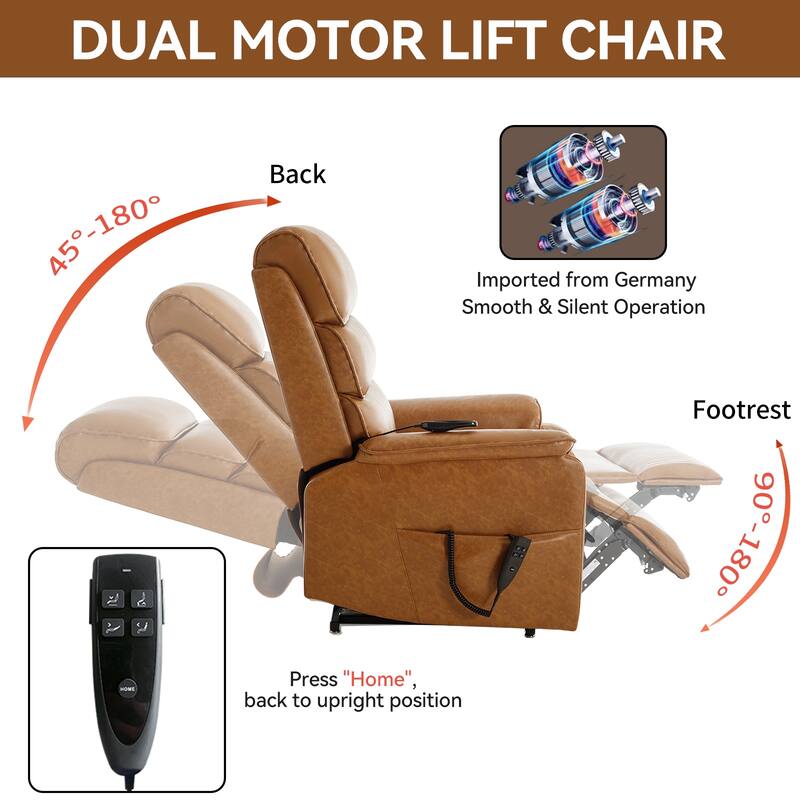 Roomfitters Dual Motor Power Lift Recliner, Infinite Position Massage Chair with 180-Degree Flat Recline, Leatheraire