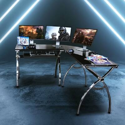 Techni Mobili L-Shaped Colored Tempered Glass Top Corner Desk with Pull Out Keyboard Tray, Black