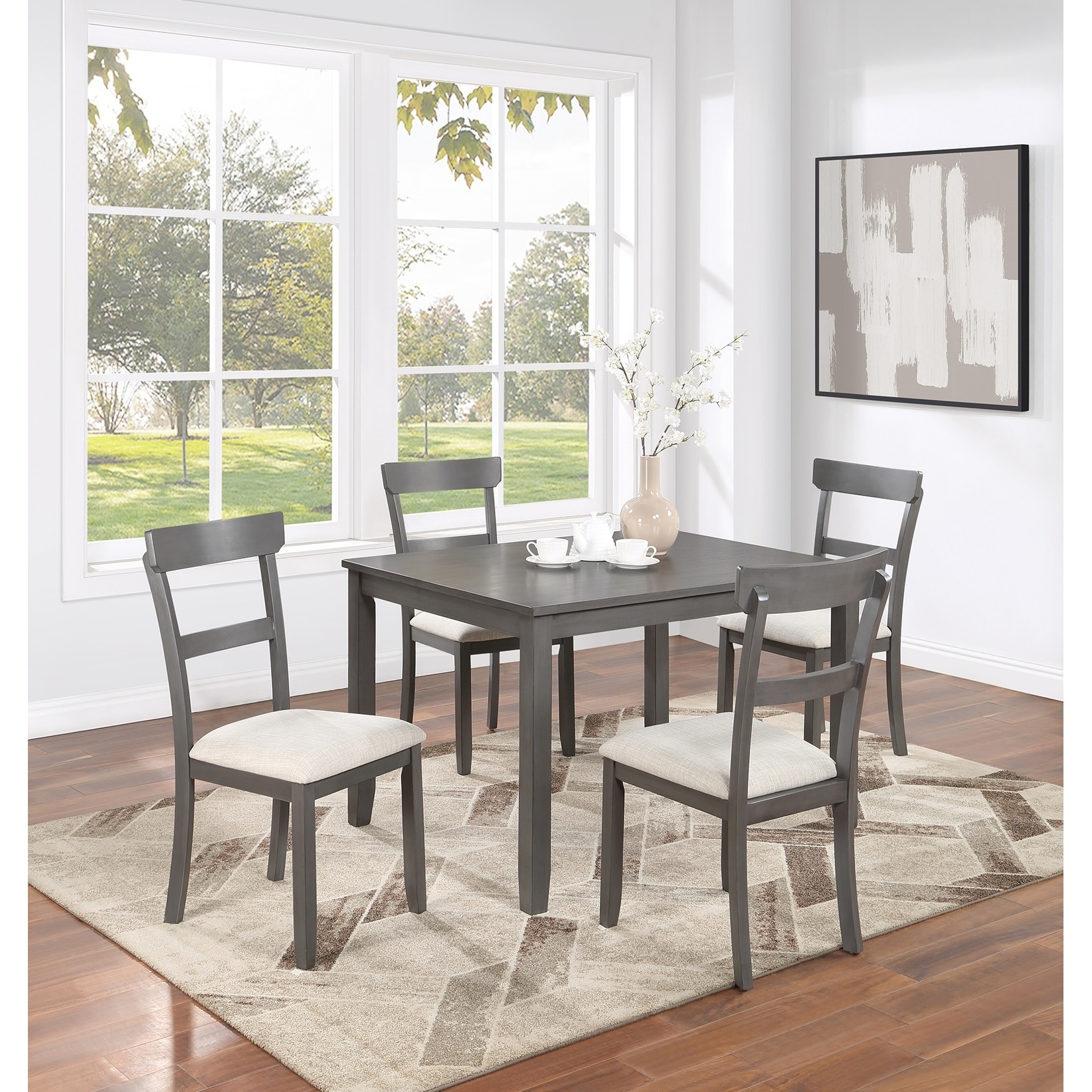 5 Pcs Dining Table Set, Wooden Kitchen Dining Table Chair Set with Rectangular Dining Table and 4 Upholstered Chairs
