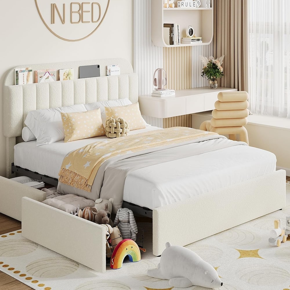 Bed Frame with 2 Drawers, Boucle Upholstered