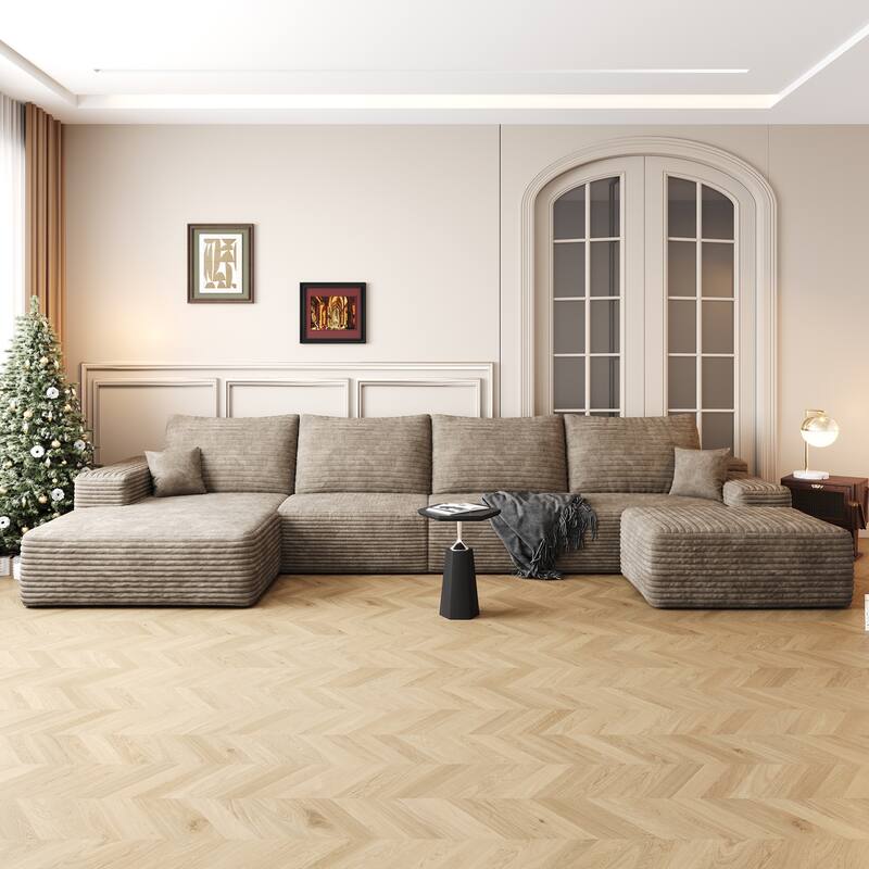 Corduroy Upholstered U-shaped Sectional Sofa with Chaise and Ottoman - Camel