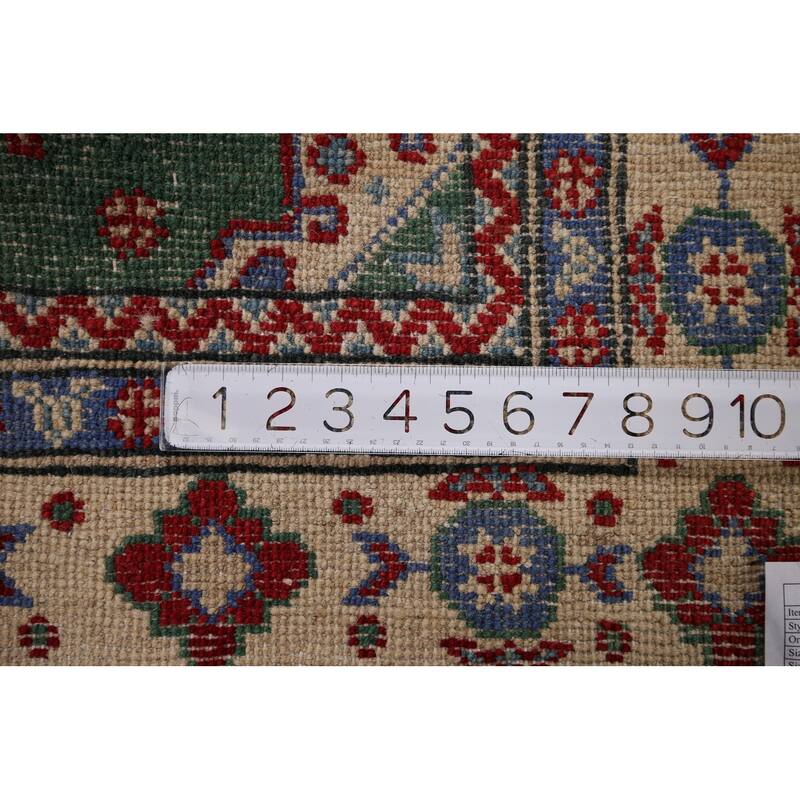 Green Geometric Kazak Oriental Accent Rug Handmade Wool Carpet - 3'4" x 4'10"